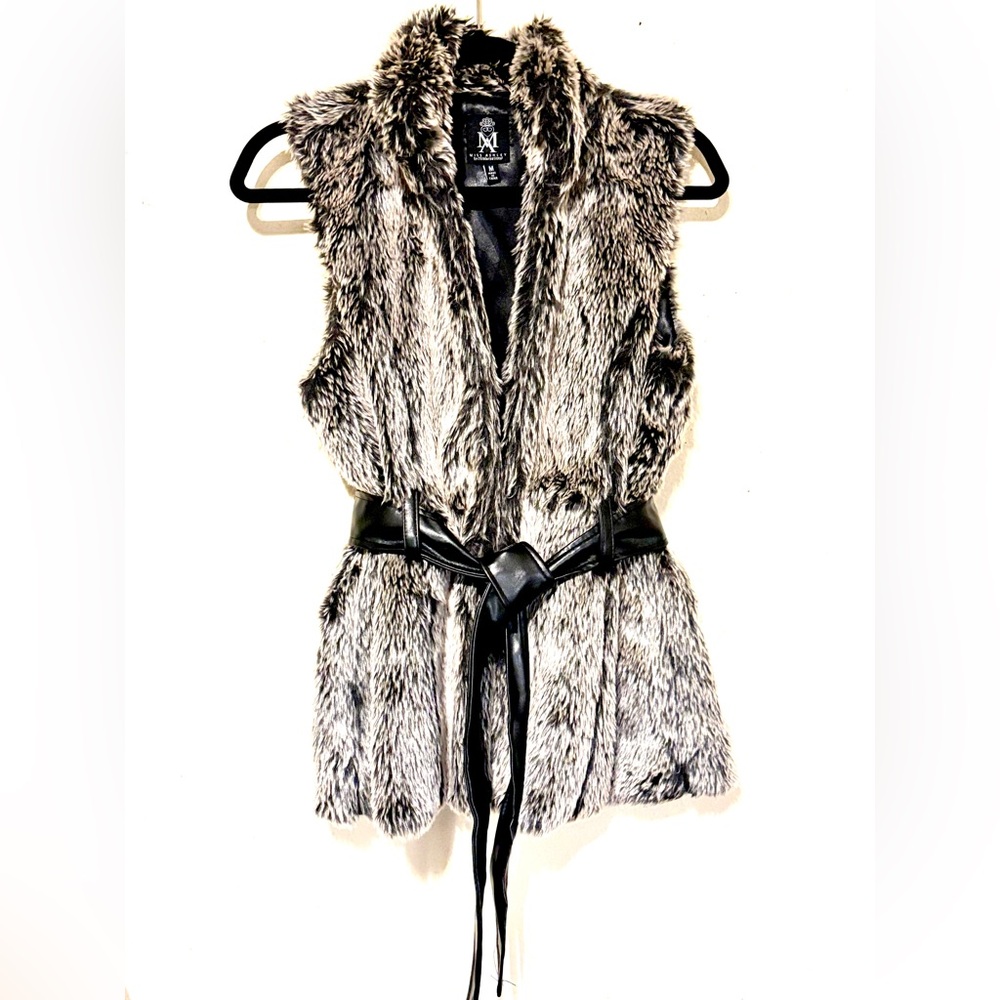 Miss Ashley Luxurious Tailored Vegan Fur/Leather Trim Vest Size Medium 2 Tone